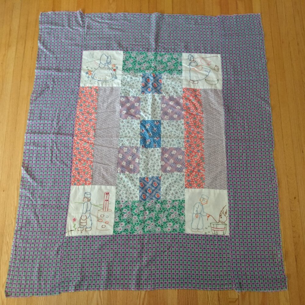 Vintage Quilt Top Unfinished Embroidered Dutch Boy Girl 42" by 48" Cottagecore